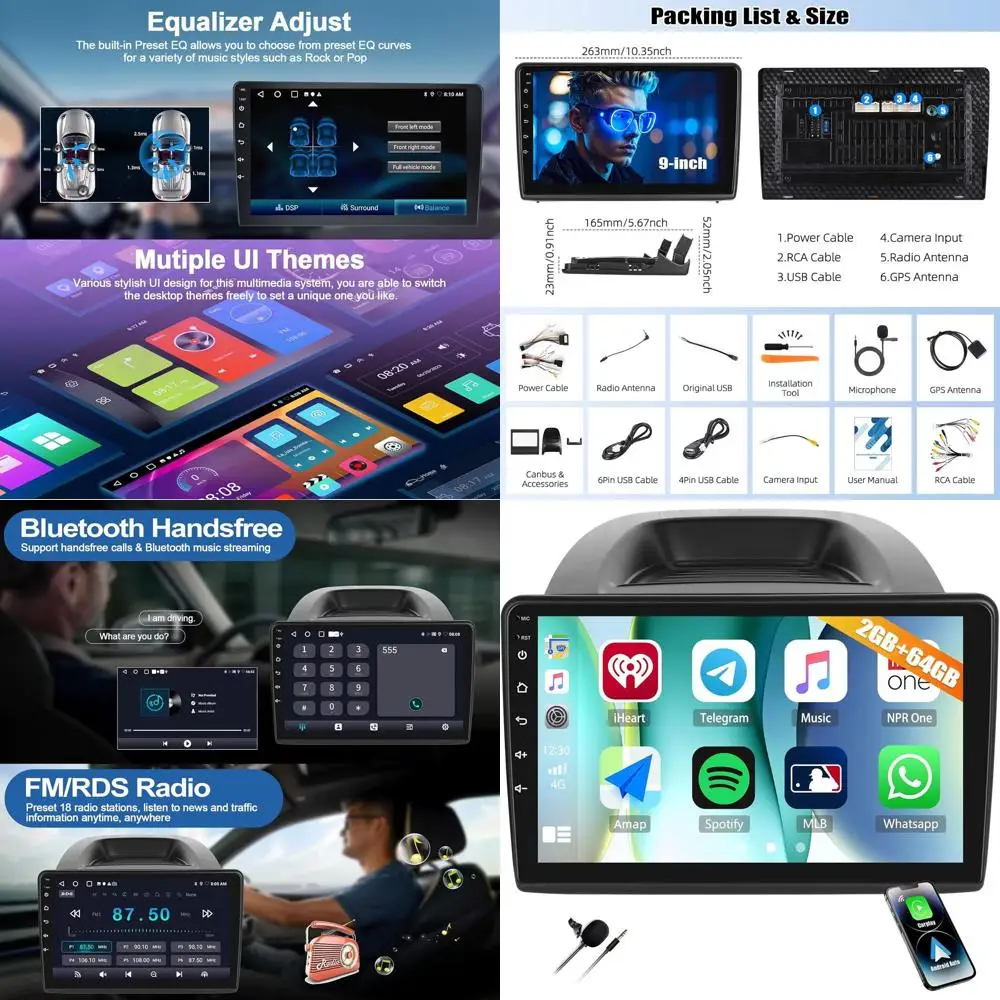 

Автомобильное стерео радио 2 ГБ + 64 ГБ для Ford EcoSport 2018 2019 2020 с беспроводным CarPlay Android Auto 10-дюймовым сенсорным экраном Android 13