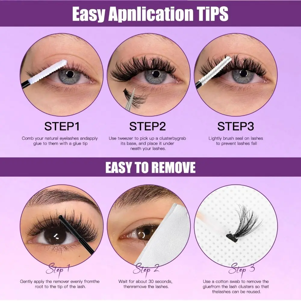 Natural Look False Eyelashes Bond and Seal Cluster Design 3D Faux Mink Lash Wispy Style DIY Lash Extension Kit
