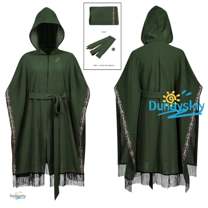

Medieval Hooded Cape Scarf Renaissance Dark Green Cloak with Tassel Brooch Cosplay Costume Stage Performance