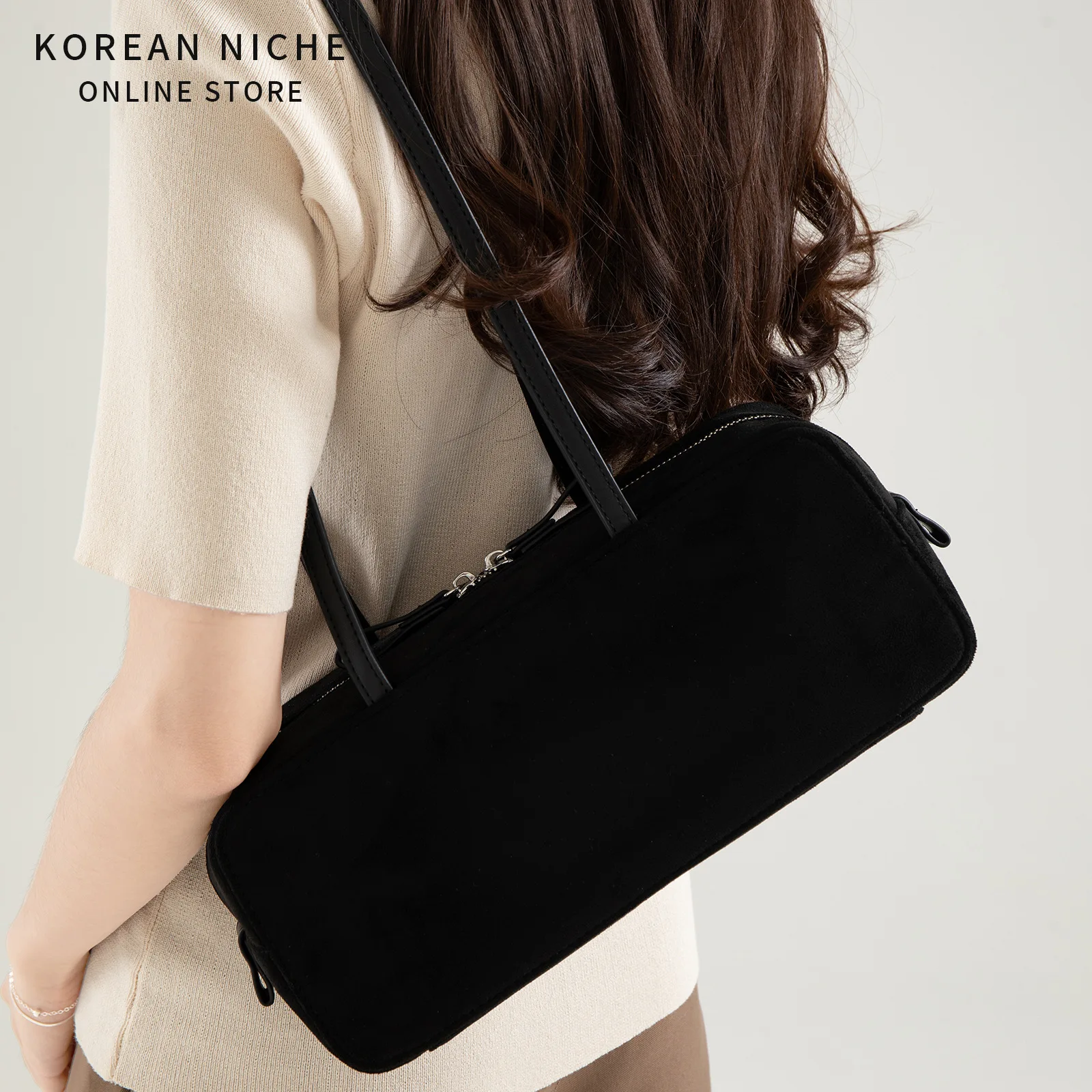 Women Suede Boston Bag Cylinder Shoulder Handbag Double Zipper Closure Long Strap Underarm Bag Casual Daily Commuter Purse