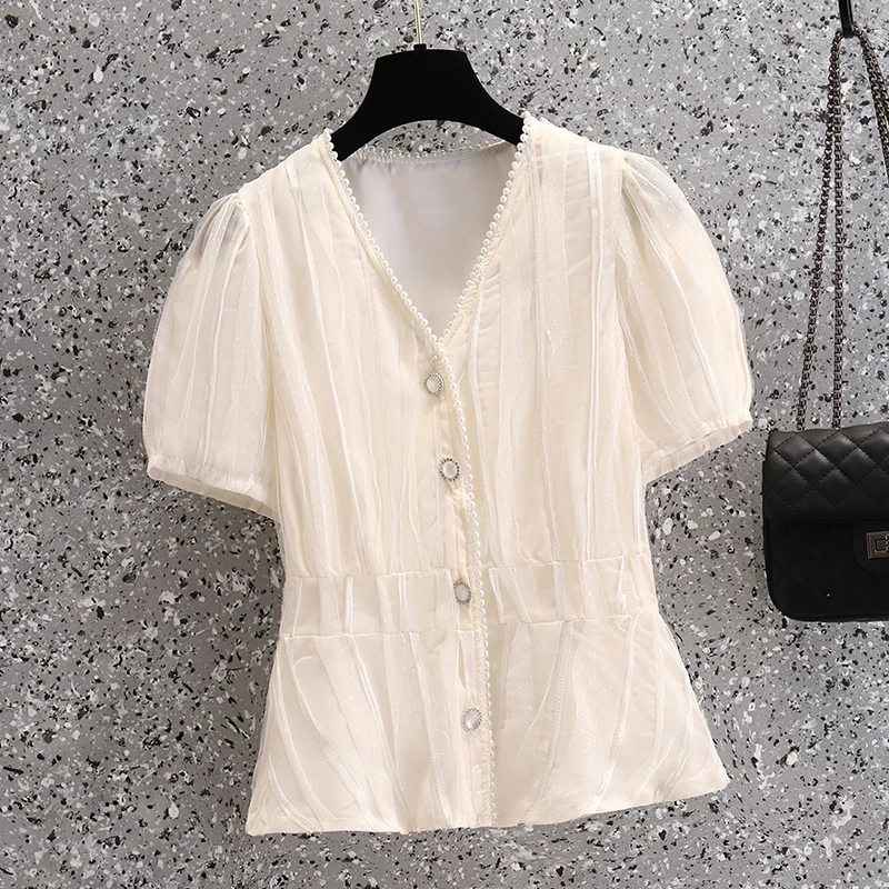 

Plus Size Women clothing White Fashion Shirts 2022 New lace Pearl Blouses shirt V Neck Short Sleeve Chiffon Blouse Ladies Work