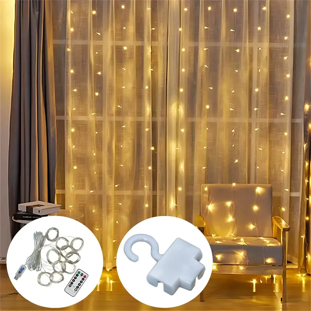 1pc 3*3m LED Curtain Lights USB Powered 8 Mode Remote Control Fairy String,Decoration Lights For Garland Wedding Home Bedroom