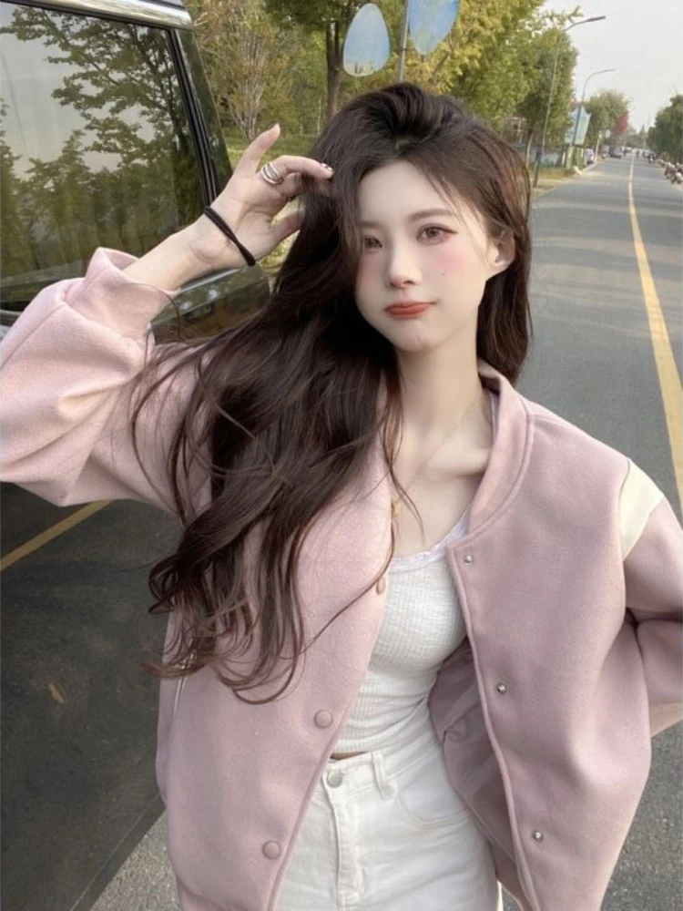 

2025 Spring Autumn Women's Loose Fit Pink Baseball Jacket Casual Street Style Outerwear Trendy Versatile