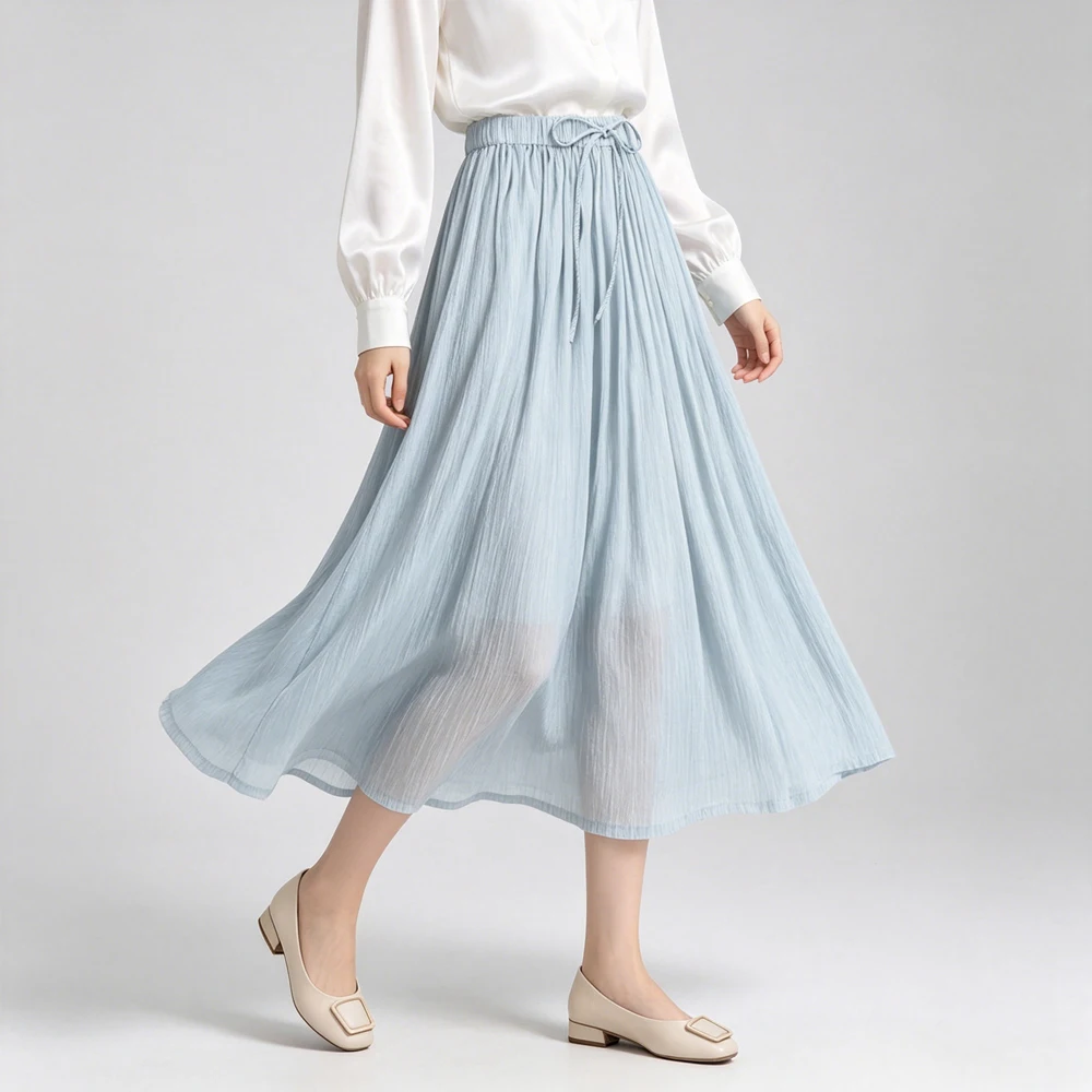 Women's Casual Summer New 2.2-meter Large Swing Artistic Texture 100% Natural Mulberry Silk Elastic Waist Flowing Skirt