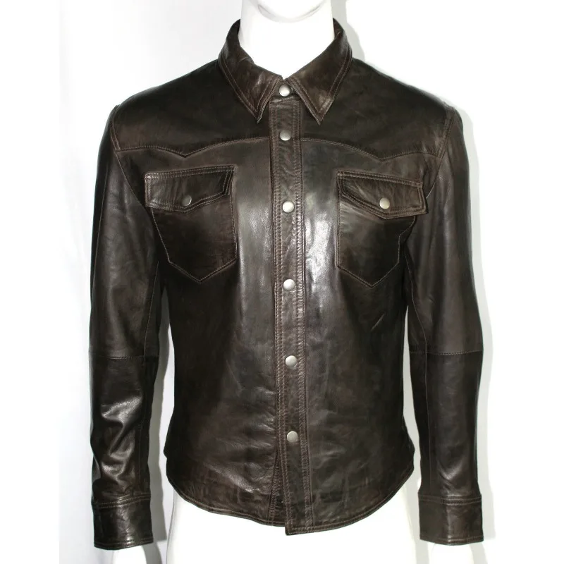 Men's Genuine Lambskin Leather Shirt Premium Soft Slim Motorcycle Button Jacket