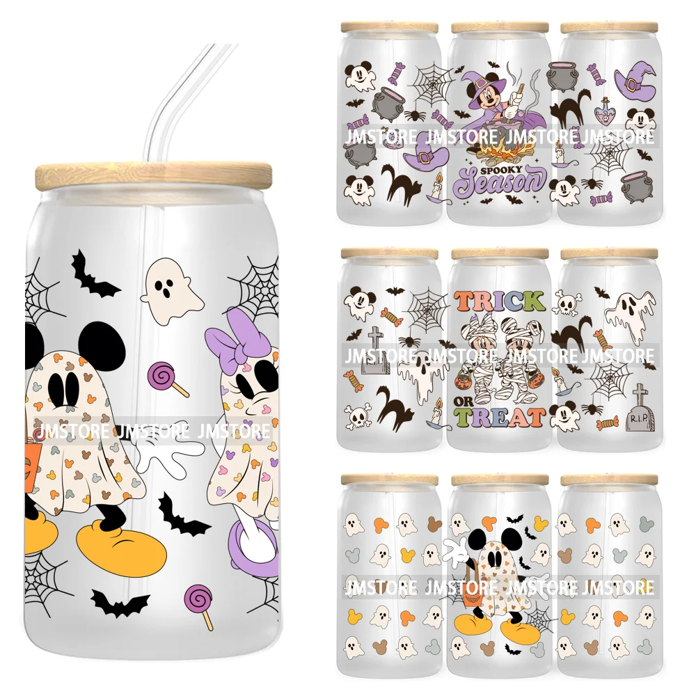 Calabaza de otoño temporada de Halloween 16OZ UV taza envoltura DTF pegatinas de transferencia para Libbey lata de vidrio tazas vaso lindo ratón de dibujos animados fantasma