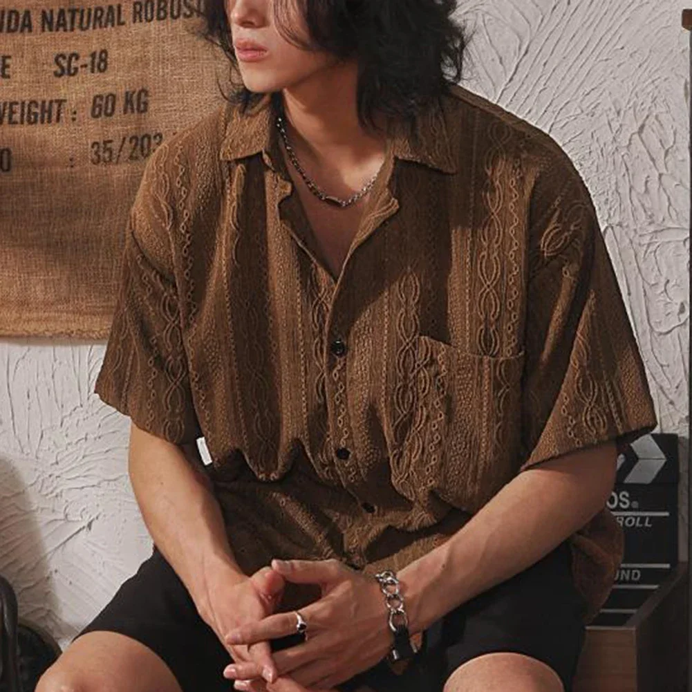 New Mens Loose Japanese Retro Hollow Out Short Sleeve Shirts Button Solid All-match Tops Ethnic Style Casual Male Shirt Jacket