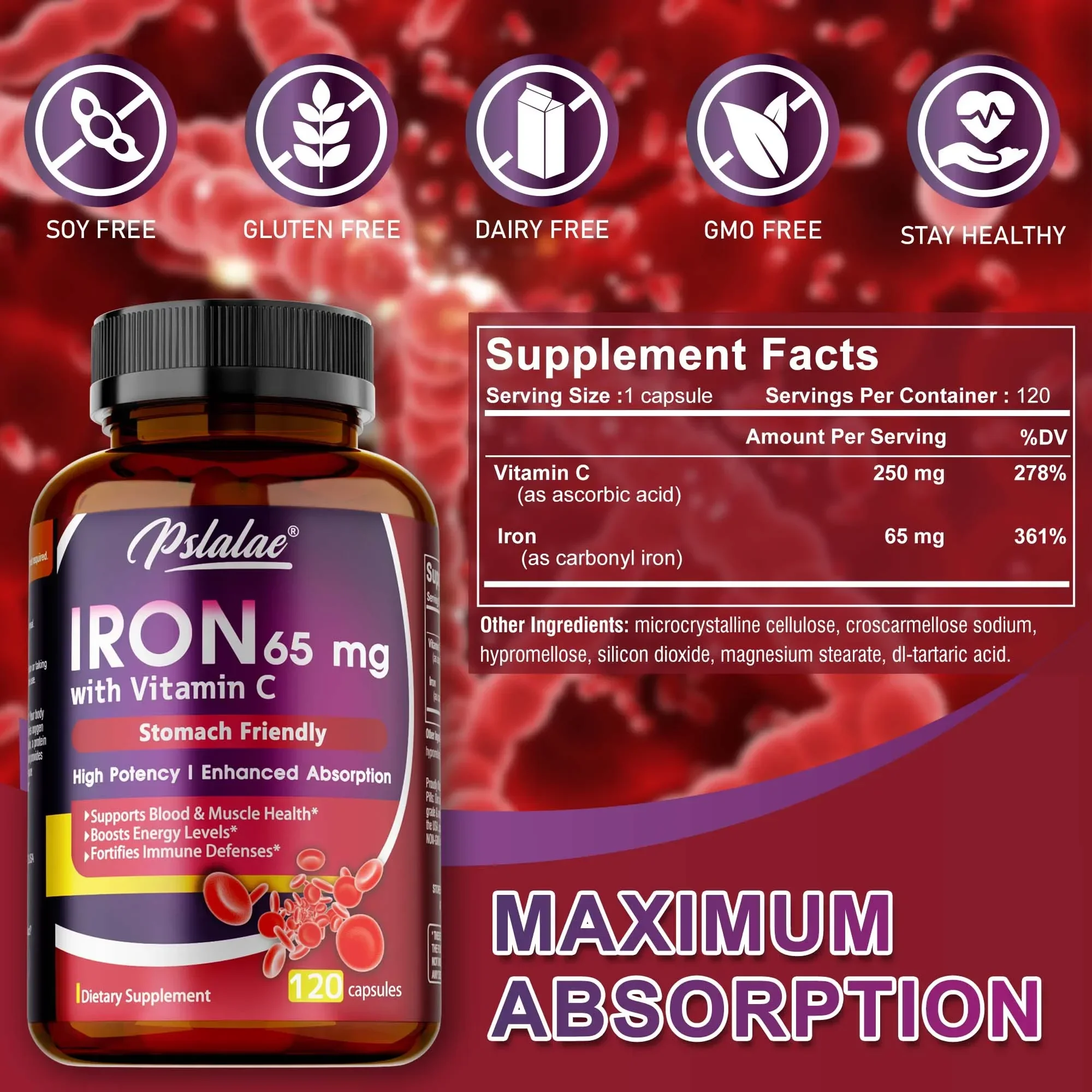 Iron Supplement 65 mg with Vitamin C - Maximized Absorption, Increase Energy, and Improve Immune Function Supplement