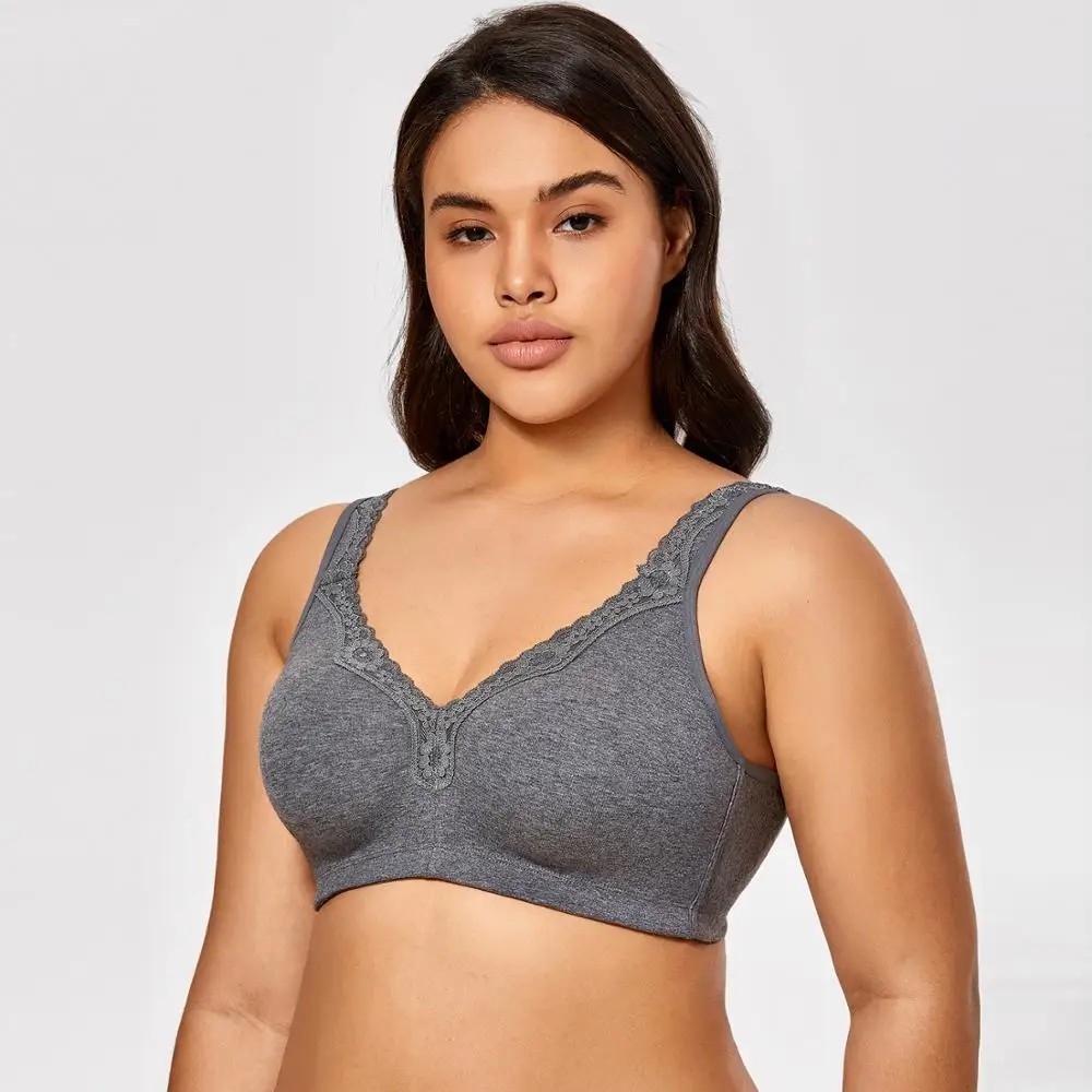 Women's Wireless Plus Size Lace Bra Unlined Full Coverage Comfort Cotton Sleep Wide Strap 36-48 B C D DD E F 34-44 46