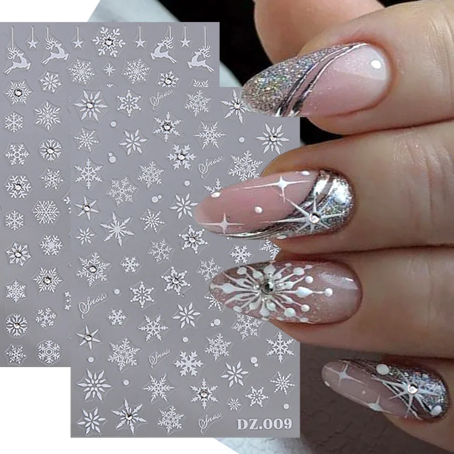 5D Sneeuwvlok Winter Nagelsticker Met Strass Wit Zwart Goud Elanden DIY Kerst Xmas Decal Slider Manicure Kunst Decoratie