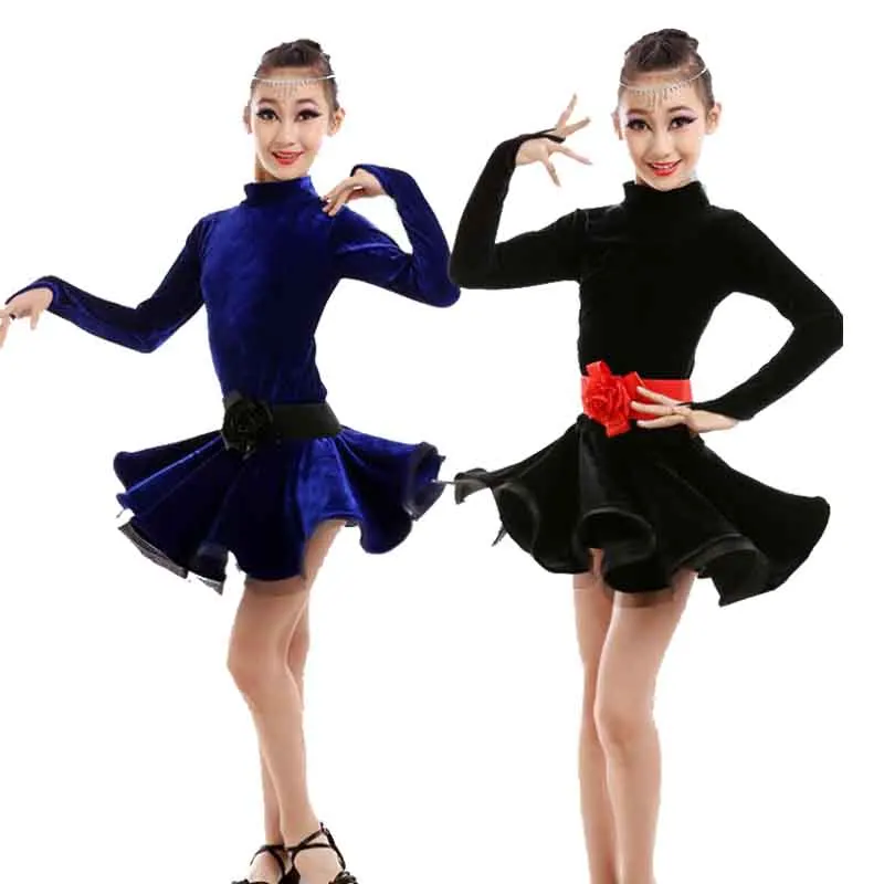 Children Girls Velvet Latin Dance Dress Long Sleeve Professional Competition Cha Cha Tango Salsa Dancing Costume 4-12 Years