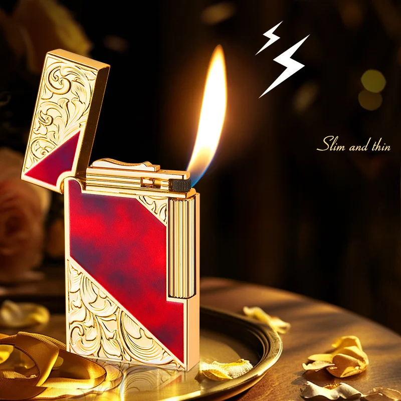 Fashionable Steel Tone Grinding Wheel Open Flame Gas Lighter Side Sliding Oblique Fire Metal Material Retro Cigarette Lighter