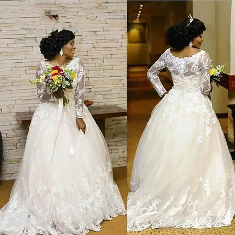 Customized White Lace Appliques Crew Neck Buttons 2024 Vestidos De Novia Long Sleeves Plus Size Bride Dresses Wedding Gowns