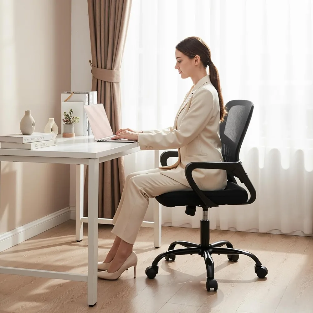 Ergonomic Mid Back Mesh Desk Chair with Lumbar Support, Height Adjustable, Fixed Armrest, 360° Swivel, Black