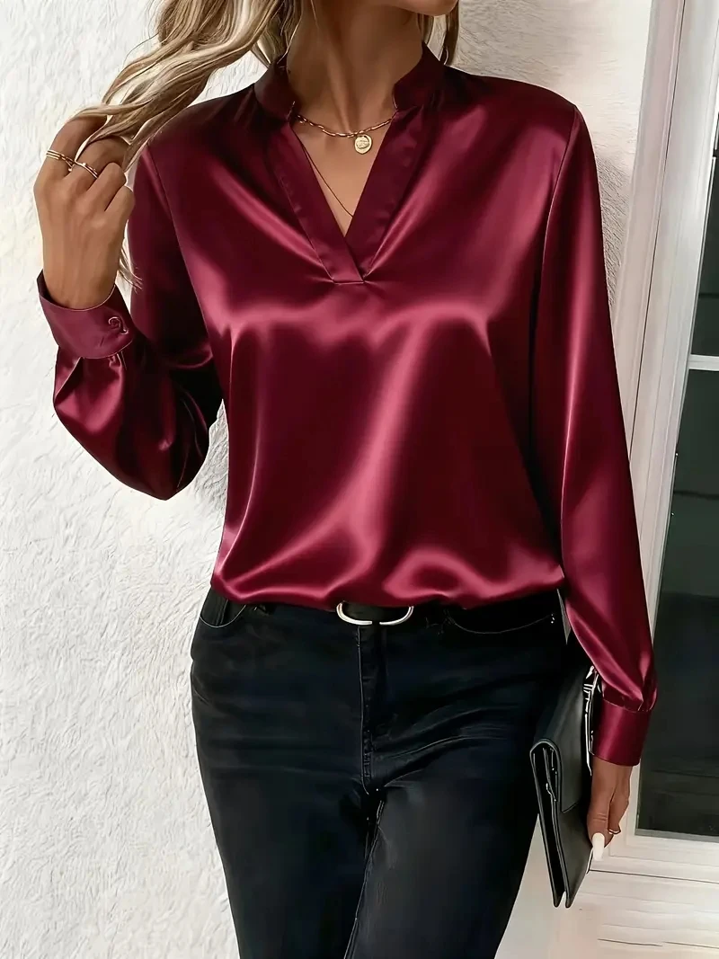 Elegant Long Sleeve V-Neck Silk-Like Top for Women, Perfect for Office & Evening Wear