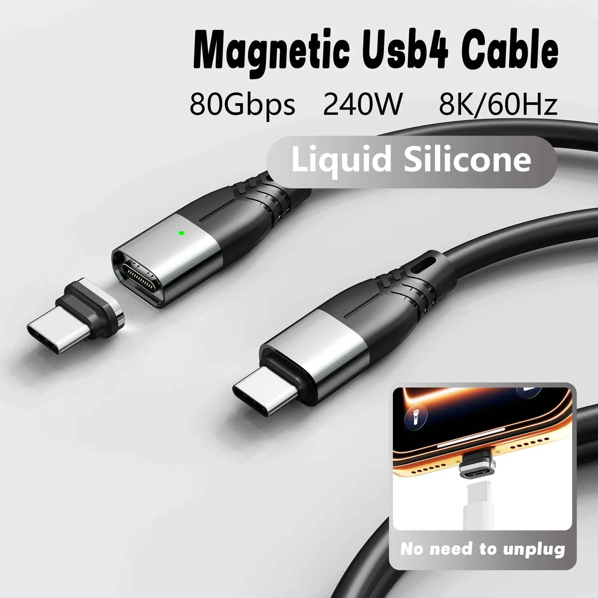 Thunderbolt 5 Cable 0.8M 240W 120Gbps 8K Display, Black Silicone Ultra Thin 3.8mm for Laptop Monitor