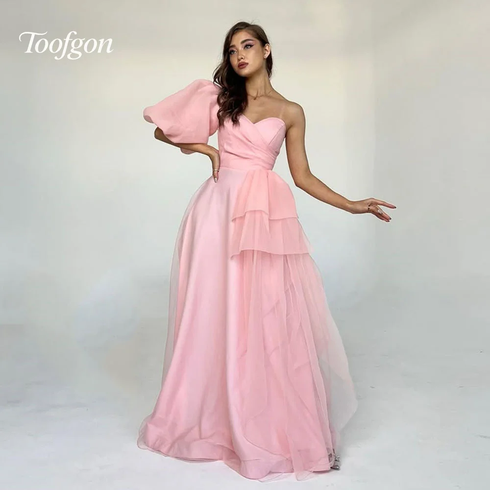 

Toofgon Sweetheart Pink Satin Tulle Prom Dresses One Puff Sleeve Evening Party Dress Women Special Occasion Gowns Customized