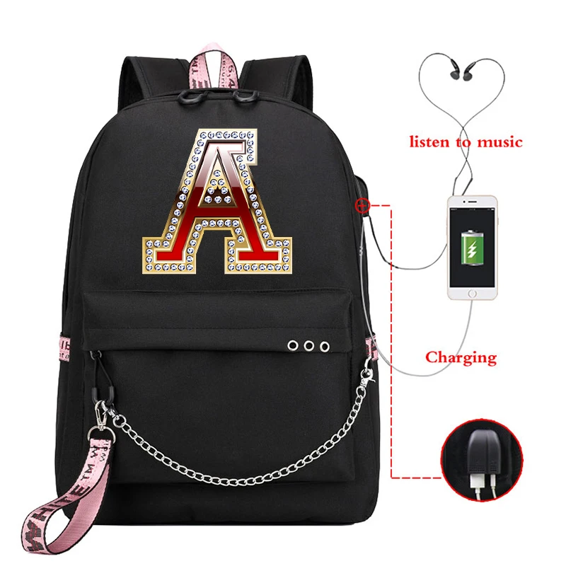 Diamond 26 Alphabet Women Backpacks School Backpack for Student Bookbag Bagpack Female Girls Kawaii Laptop Book Pack Mochilas