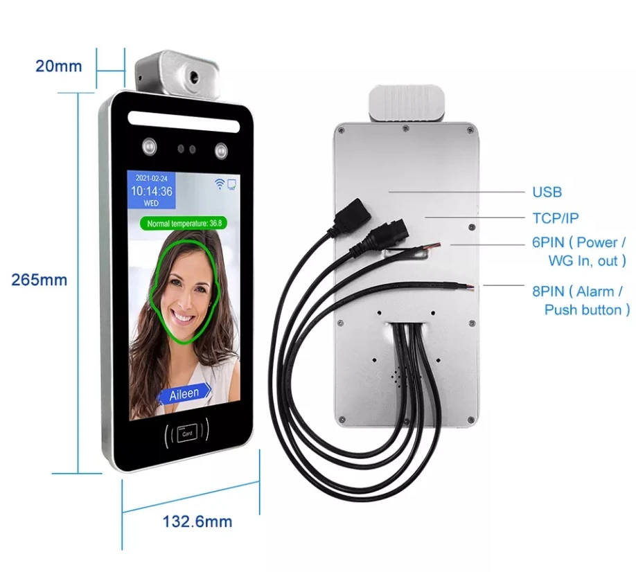 8inch Face Recognition Temperature Measurement Automatic Infrared Body Temperature Thermal Access Control TCP/IP Control System