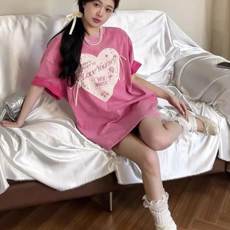 

T Shirt Women Vintage Crop Top Women 2025 New Chic Bow Loosecasual Sweet Girls