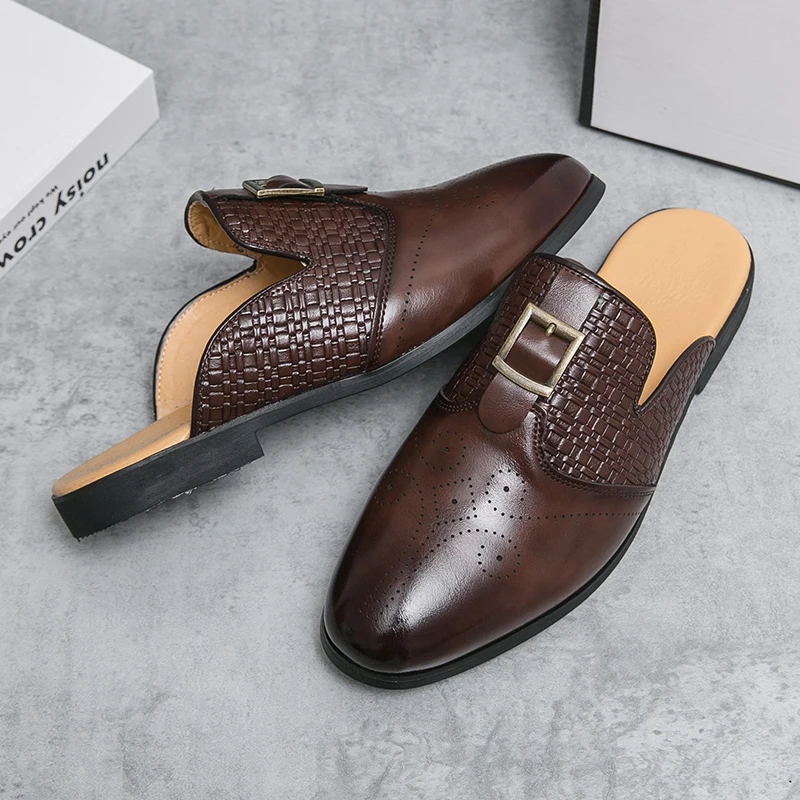 Metal Buckle Decoration Half-Slip Men's Shoes, Summer Breathable Slip-On Loafers, Patchwork Upper Pattern, Perforated Breathable Large Size Shoes