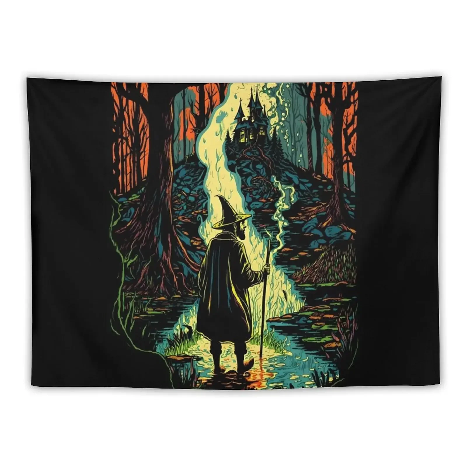 

Wizard exploring a magical forest in an enchanting landscape Tapestry Hanging Wall Room Decor Aesthetic Home Decor Tapestry