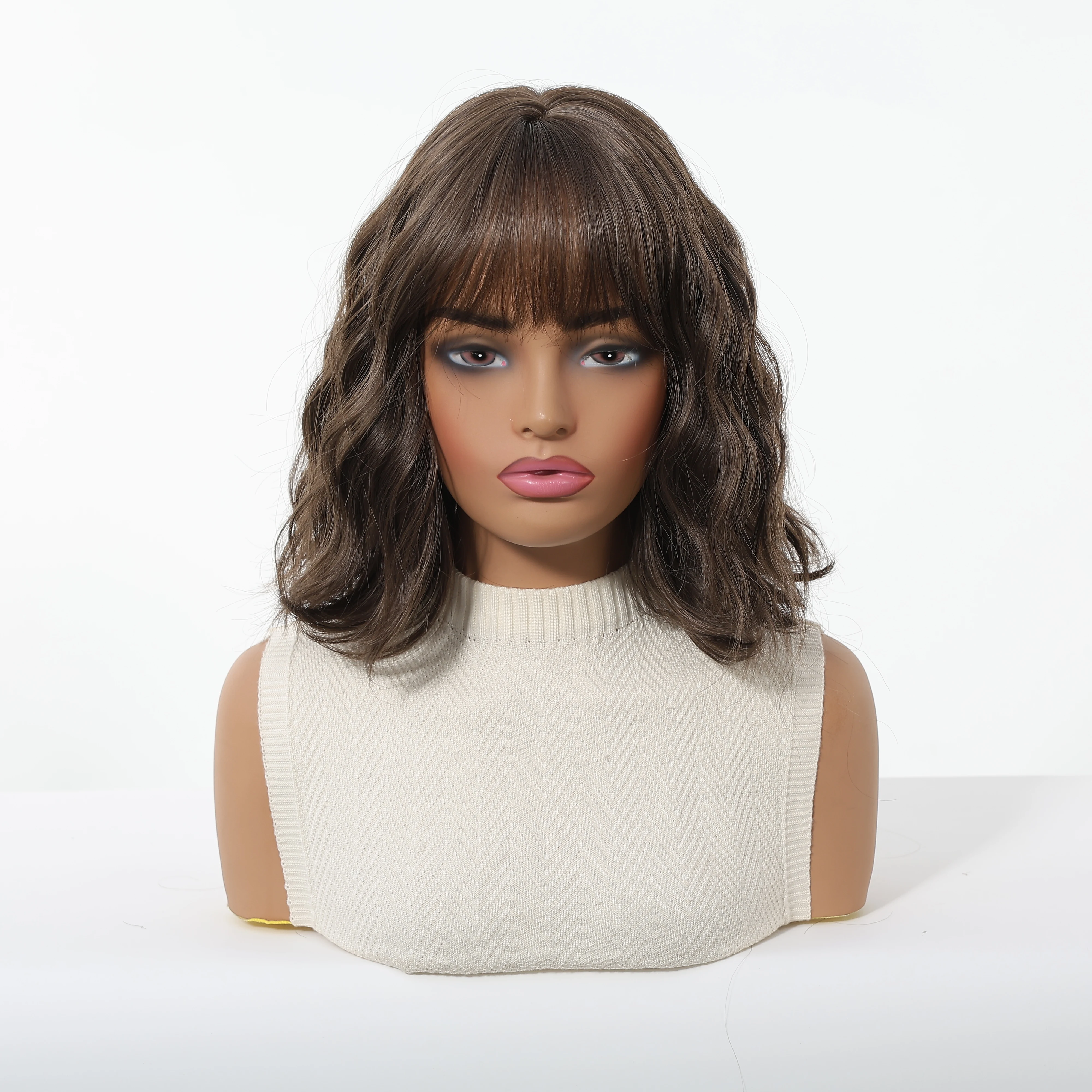 TopShe Dark Brown Bob Wig Short Wave Synthetic Wig with Bangs for Woman Heat Resistant Fiber Black 10th Short Shoulder Length Curly Wig Suitable for Daily Wear Cosplay Party Costume Natural Looking Soft Full Wigs for Women Girls