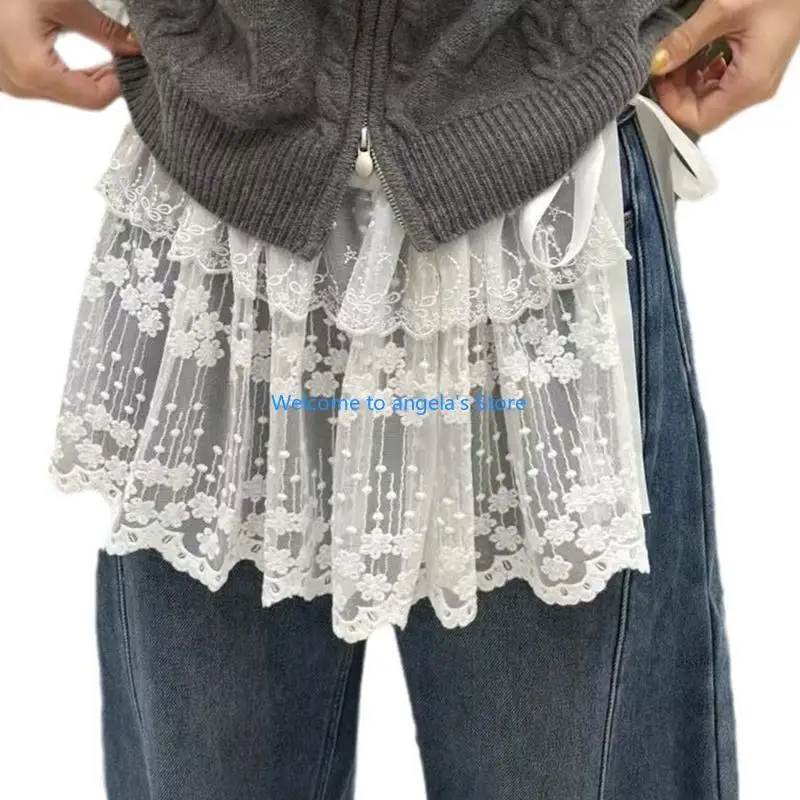 

X4YC Женская корейская прозрачная цветочная кружевная мини-юбка-фартук, прозрачная верхняя юбка, закрывающая бедра, шарф с