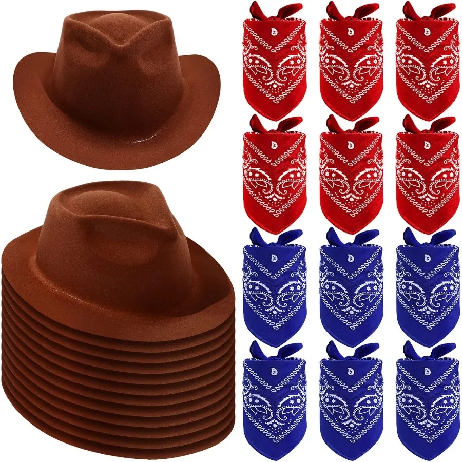 

24 Pieces Western Cowboy Hat Set with Felt Cowboy Themed Party Hats and Paisley Bandanas for Costume Party Ideal for Outdoor Ev