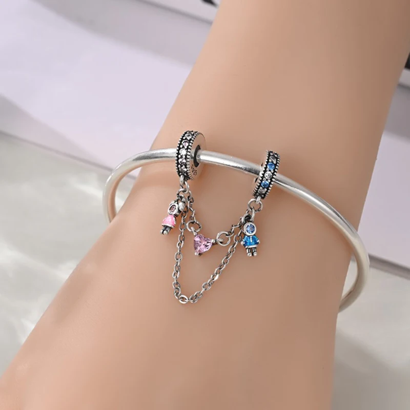 

925 Sterling Silver Heart-Shaped Couple Safety Chain For Women Fit Original Bangle Bracelet Jewelry Birthday Anniversary Gift