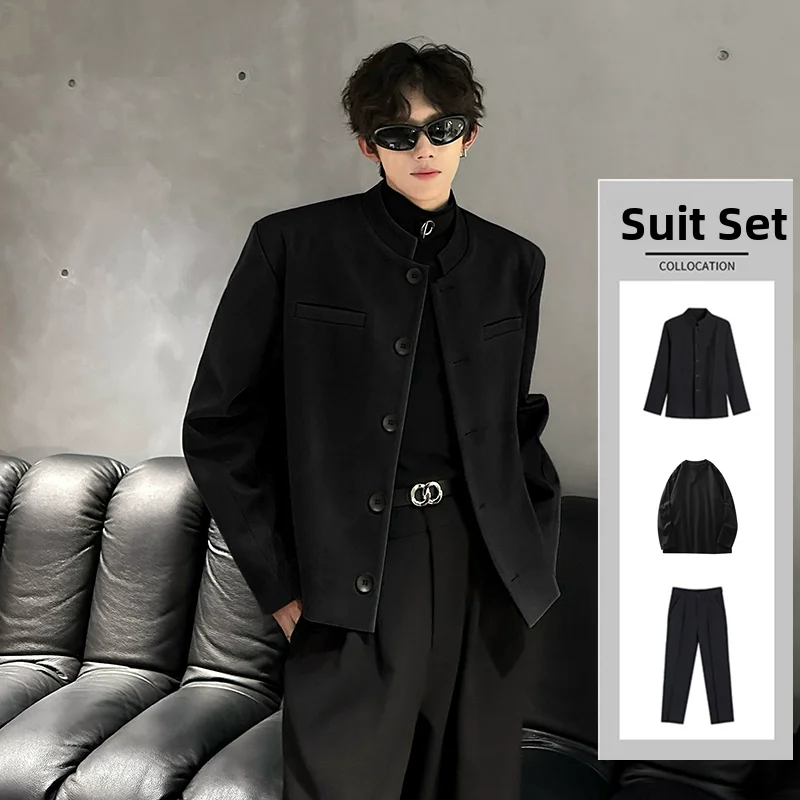 

Новый китайский мужской костюм весна-осень: пиджак с подплечниками, воротником-стойкой, укороченная версия, стильный и модный комплект в западном стиле