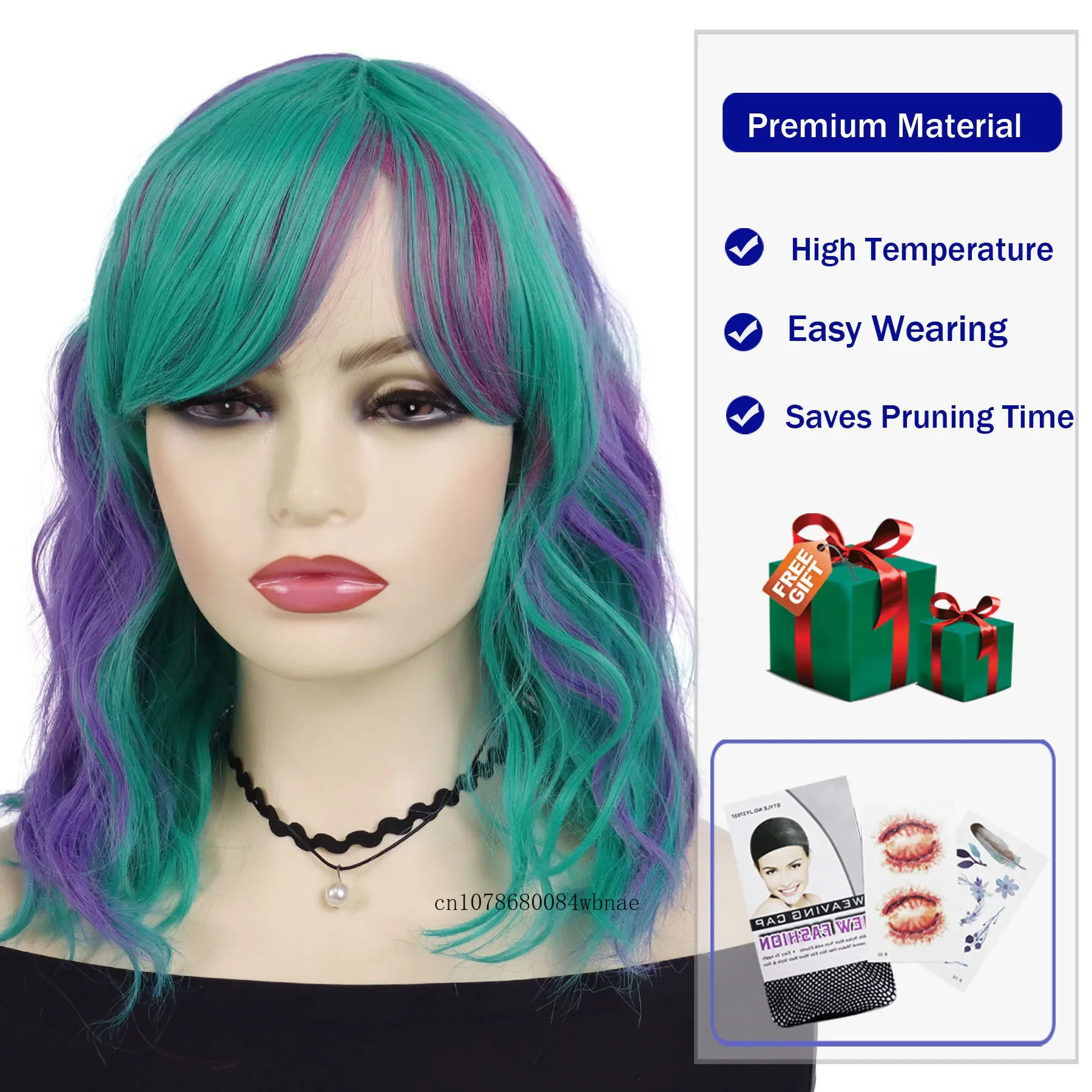 Rambut sintetis Medium hijau campuran Wig ungu dengan poni untuk wanita gadis Cosplay kostum Halloween pesta Anime Wig Multi Warna