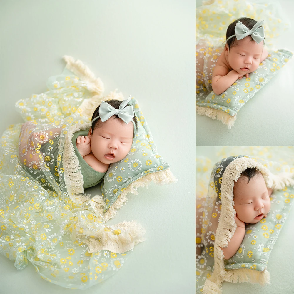 

Green Daisy Baby Photo Props Set Cotton Stretchable Wraps Daisy Floral Blanket Headband Studio Newborn Photography Accessories
