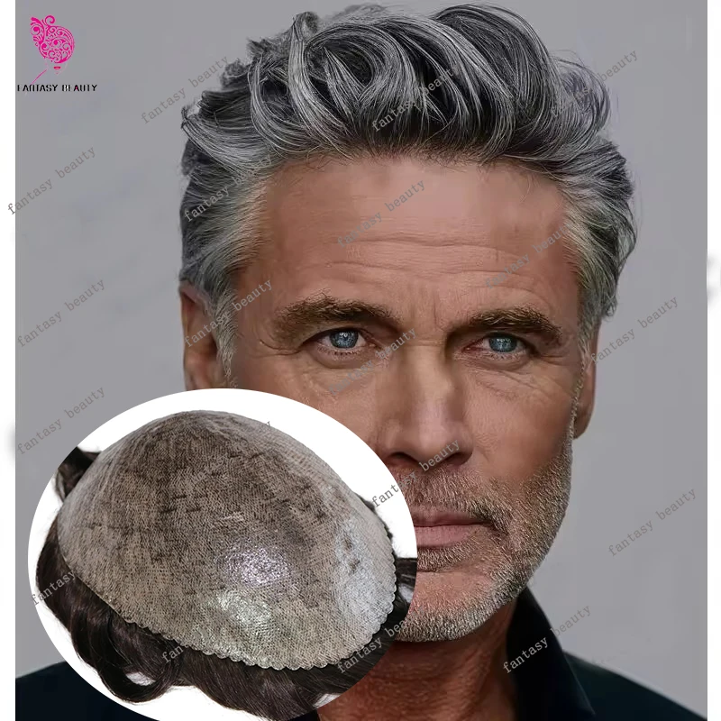 

Супер прочный серый 1B40 1B80 1B65 парик старика из натуральных волос, необнаружимый парик из натуральных волос 0,1 мм, гребешок, тонкая кожа, протез из искусственной кожи