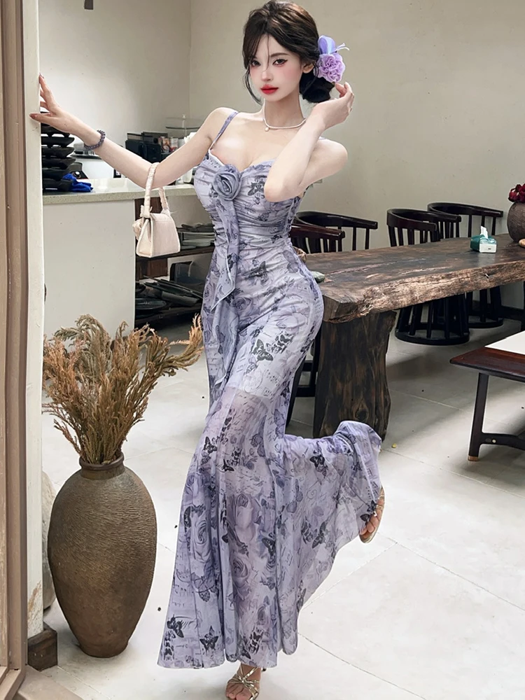 Women Green Floral Mesh Pleated Bodycon Sling Long Dress Summer Elegant Ruffled Luxury Evening Dress 2025 Korean Fesitval Dress