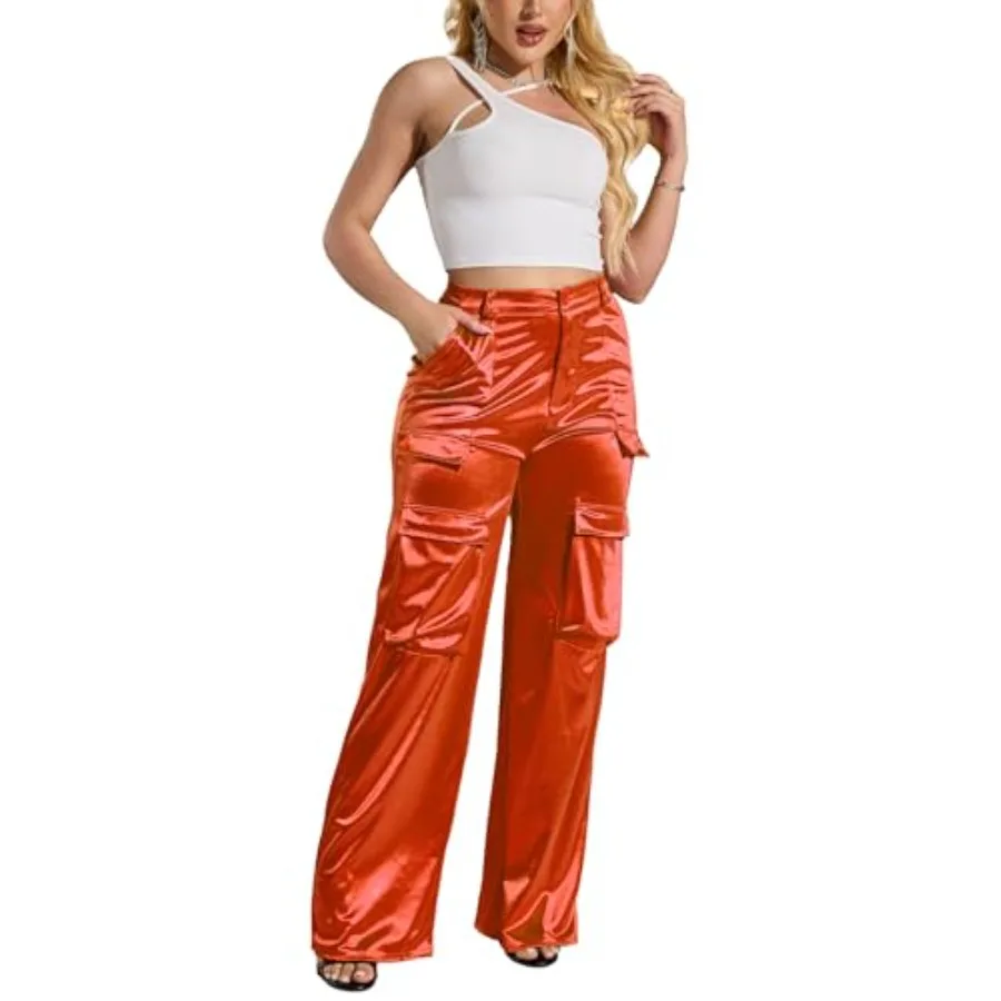 

Womens High Waisted Satin Cargo Pants Loose Fit Wide Leg Trousers with Pockets Trendy Outfit