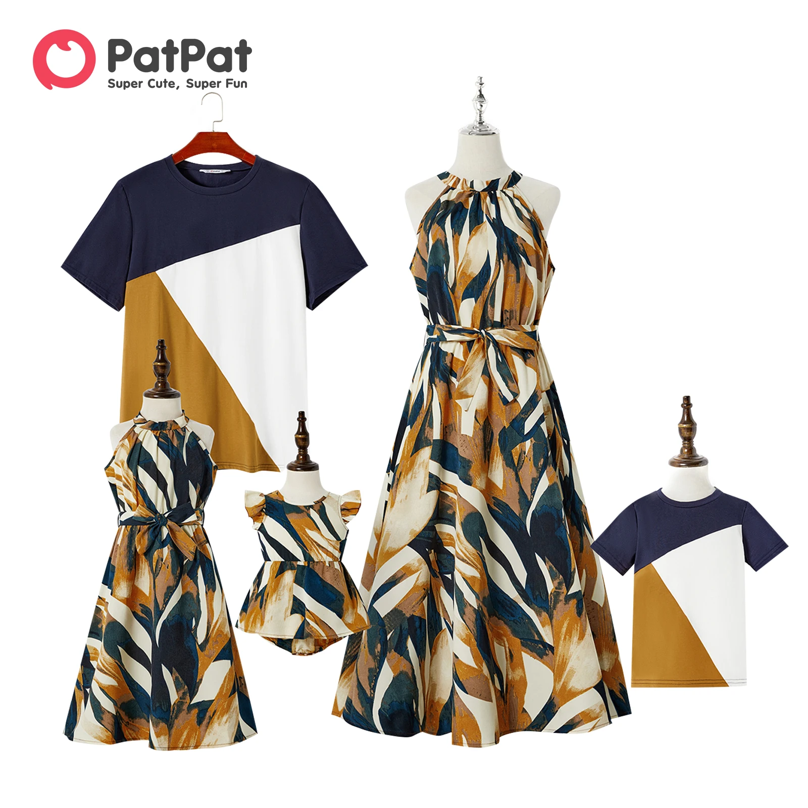 

PatPat Family Matching Allover Geo Print Halter Belted Midi Dresses and Short-sleeve Colorblock T-shirts Sets