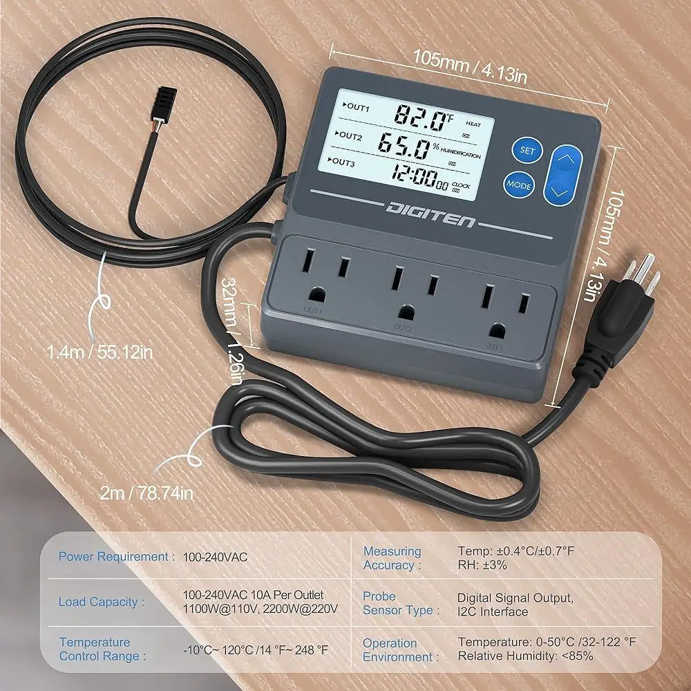 Reptile Temperature Humidity Controller Timer Thermostat 3-Stage Outlet Plug Humidistat LCD Display Precision Sensor Equipment