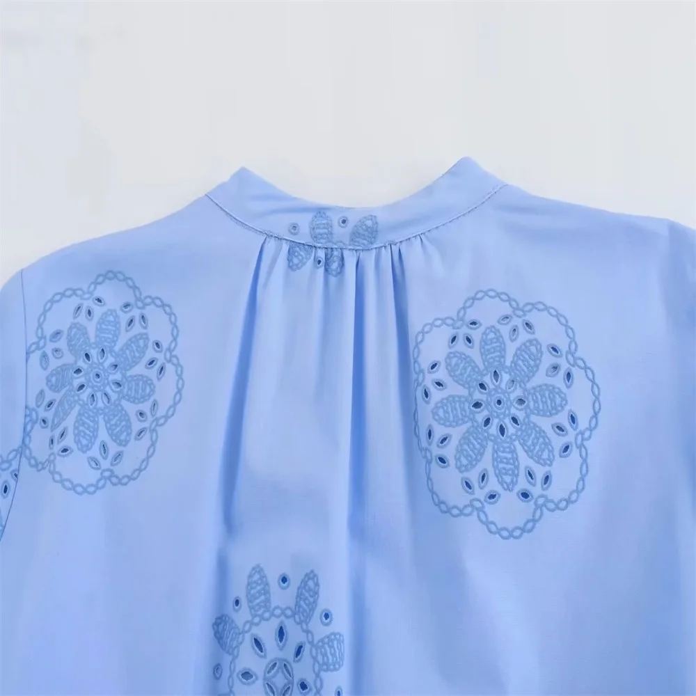 Summer new blue V-neck embroidered decoration fluffy long sleeved poplin dress with pressure glue