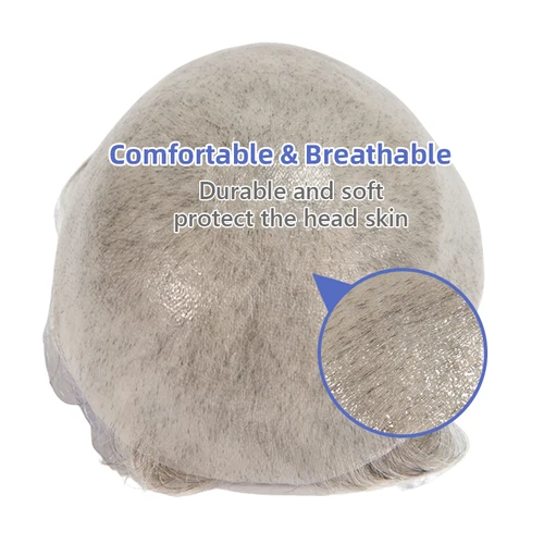 Imagen 2 del producto Tupé de piel Superfina para hombres, sistema de reemplazo de cabello humano 0,02 PU con bucle en V, pelucas de cabello, prótesis capilar gris, 0,03-100% mm