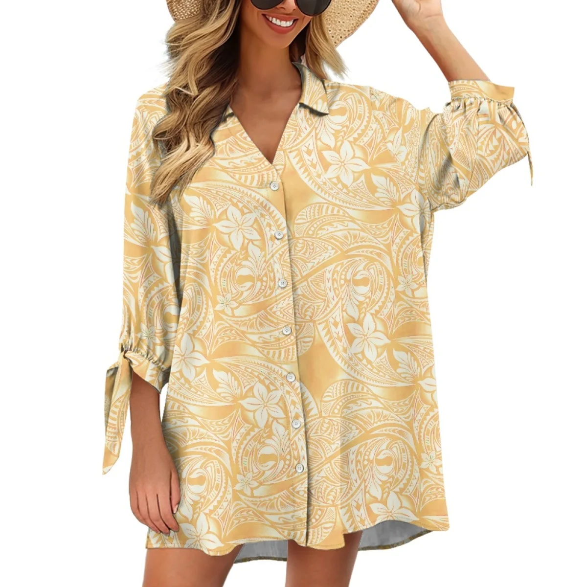 

Women Polynesian Tribal Samoan Floral Shirt Beach Cover Up Dress 3/4 Sleeve Cuff Tie Button Down Mini Summer Dresses Vacation