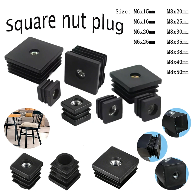 4/8/12/20pcs Black Square Plastic Pipe Plugs Adjustable Screw Foot Pad with M6 M8 Nut Hole Blanking End Inserts Caps
