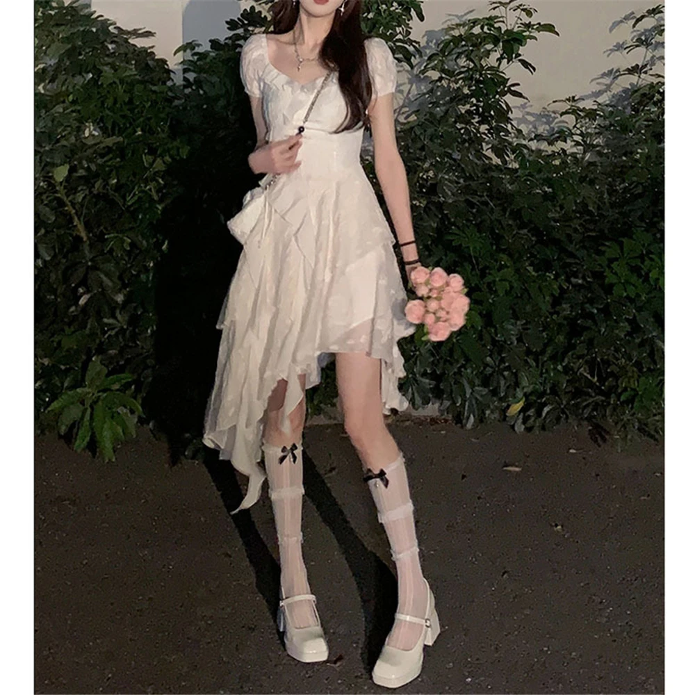 

Evening DressRuffled Irregular White , French Fairy Princess Dress, Short Chiffon, Kikyo, New Fashion, Summer, 2024