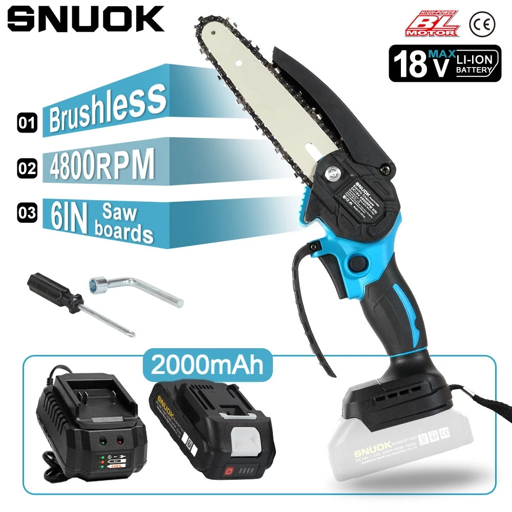

SNUOK 6-дюймовая бесщеточная бензопила для аккумулятора Makita 18 В, 4800 об/мин, инструмент для работы по дереву и саду, совместимый с направляющей 8/4 дюйма