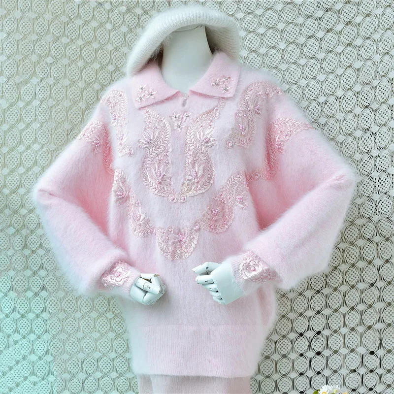 Women Autumn Winter Vintage Hairy Soft Angora Rabbit Hair Knitted Turn-Down Neck Long Batwing Sleeves Embroidery Sweater Jumper