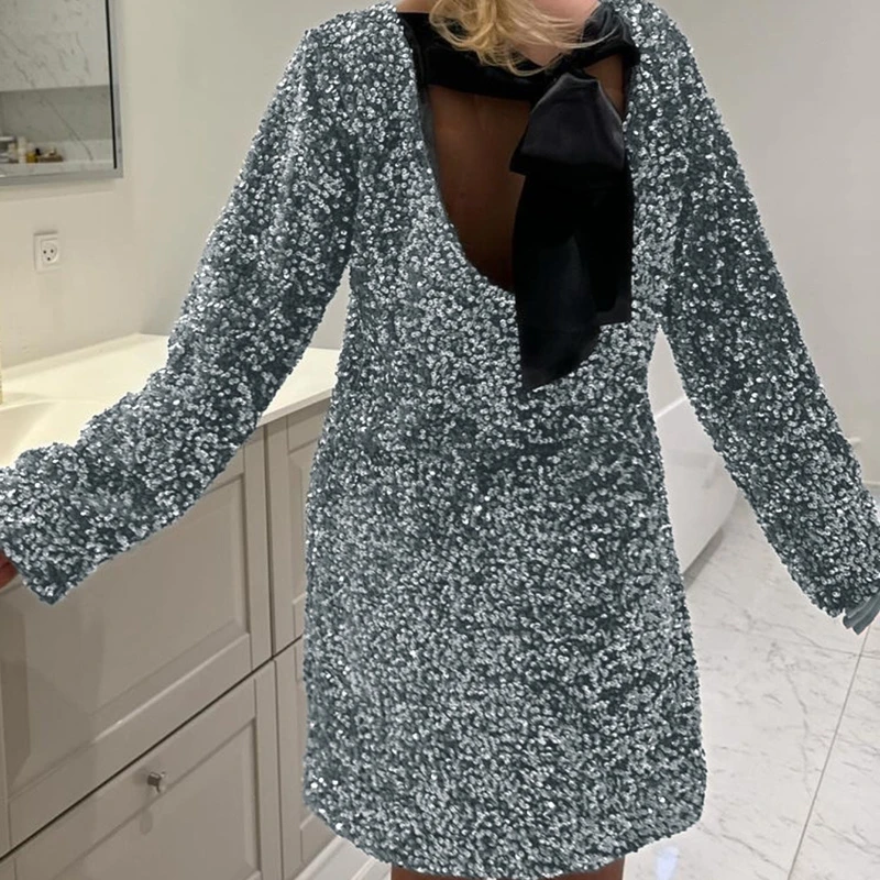 

Elegant Women's Loose Backless Glitter Sequin Long Sleeve O Neck Mini Dress Fashion Sexy Prom Party Evening Short Dresses Laides
