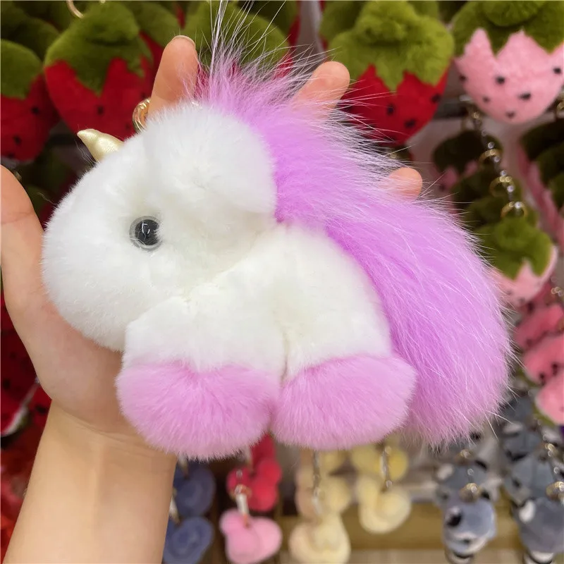 Korean Ins Cute Plush Pony Pendant Rex Rabbit Fur Unicorn Bag Pendant Key Chain Accessory Birthday Gift