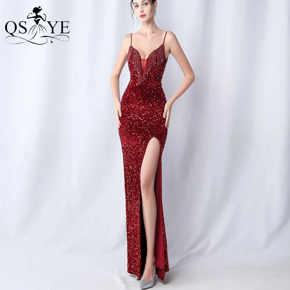 

Burgundy Long Prom Dresses Beadings V neck Split Spaghetti Straps Sequined Evening Gown Open Low Back Luxury Sexy Party Dress