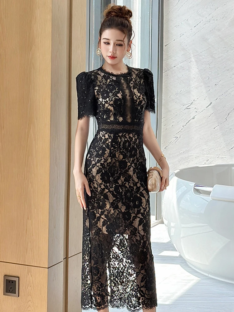 Abito da sera formale elegante in pizzo nero trasparente vintage per le donne Abiti da festa femminili con ricamo floreale con paillettes sexy