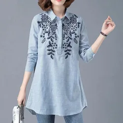 Thin Japan Style Turn-down Collar Cotton Linen Striped Long Sleeve Women Shirt Medium Length Single Breasted Large Embroidery